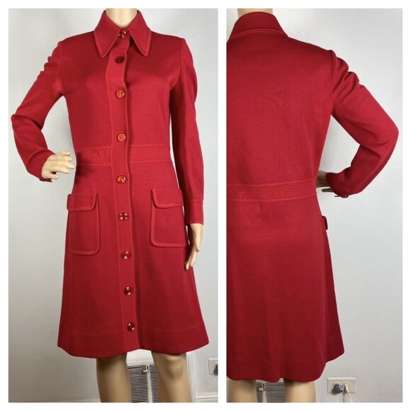 Vtg 60s 70s Knit Wool Dress Sz M Full Front Button Up Pockets Red - Picture 1 of 14